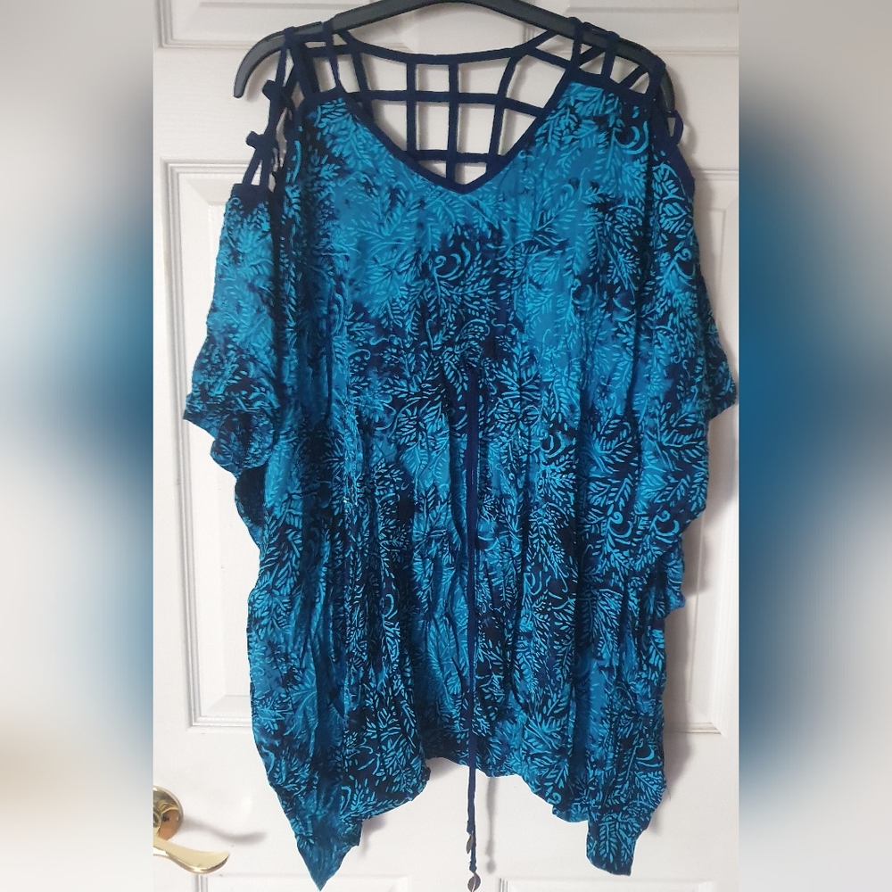 Blue Floral Tunic Beach Cover Up Top